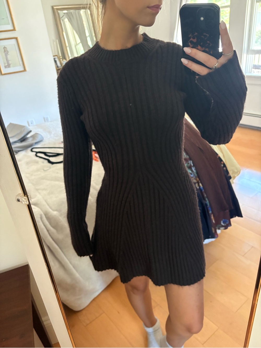 brown Ribbed Long-Sleeve Sweater Dress
